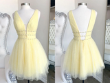 Promfast Cute yellow v neck tulle beads short prom dress yellow homecoming dress PFP2080
