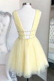 Promfast Cute yellow v neck tulle beads short prom dress yellow homecoming dress PFP2080