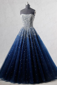 Promfast Navy Blue Strapless Floor Length Prom Ball Gown with Beading Sequins, Prom Dresses PFP2081