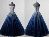 Promfast Navy Blue Strapless Floor Length Prom Ball Gown with Beading Sequins, Prom Dresses PFP2081