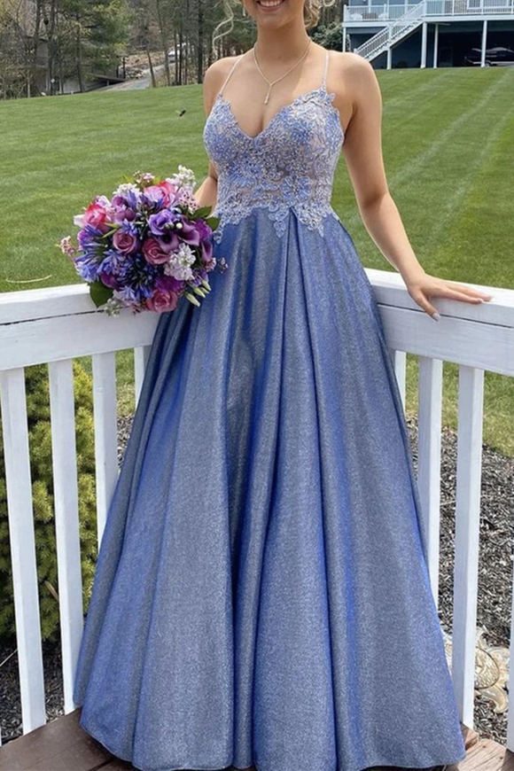 Promfast A Line Spaghetti Straps Blue Lace Top Prom Dresses, Long Formal Evening Dresses PFP2084