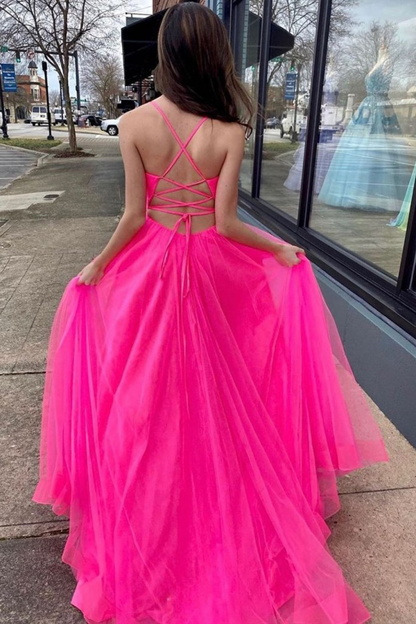 Promfast A Line V Neck Hot Pink Prom Dresses With Slit, Long Formal Ev