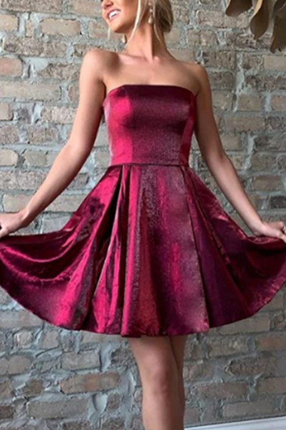 Promfast Strapless Burgundy Satin Short Homecoming Dresses, Party Dresses PFH0350