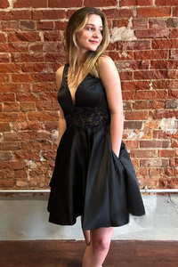 Promfast A Line Black Short Satin Homecoming Dress Online, Short Prom Promfast A Line Black Short Satin Homecoming Dress Online, Short Prom