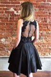Promfast A Line Black Short Satin Homecoming Dress Online, Short Prom Dress PFH0351