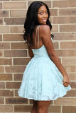 Promfast Cute A Line V Neck Lace Light Mint Green Short Homecoming Dress, Sweet 16 Dresses PFH0352