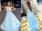 Promfast A Line V Neck Light Blue Lace Appliques Long Prom Dress, Spaghrtti Straps Formal Evening Dress PFP2089