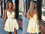 Promfast Two Pieces A Line V Neck Backless Yellow Short Prom Dresses Homecoming Dresses with Slit PFH0354