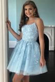 Promfast A Line Light Blue Tulle Homecoming Dress With Lace Appliques, Short Prom Dress PFH0356