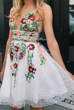 Promfast White Lace V Neck Homecoming Dresses with Floral Print Backless Short Prom Dresses PFH0357