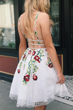 Promfast White Lace V Neck Homecoming Dresses with Floral Print Backless Short Prom Dresses PFH0357
