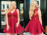 Promfast Cute V Neck Red Lace Short Prom Dress Homecoming Dress, Lace Red Formal Graduation Evening Dress PFH0358