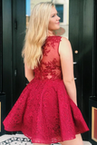 Promfast Cute V Neck Red Lace Short Prom Dress Homecoming Dress, Lace Red Formal Graduation Evening Dress PFH0358