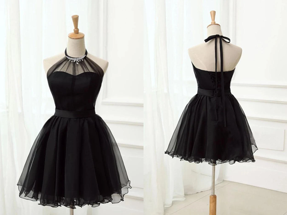 Promfast Cute Halter Black Tulle Sleeveless Beads Short Prom Dresses H
