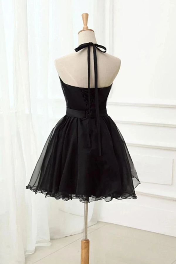 black beaded short prom dress V Neck Beaded Black Lace Satin Prom Dresses, Short Black Formal Gradua   morievent