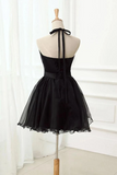 Promfast Cute Halter Black Tulle Sleeveless Beads Short Prom Dresses Homecoming Dresses PFH0359