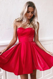 Promfast Simple Red Satin Sweetheart Strapless Homecoming Dresses Above Knee Short Prom Dresses PFH0360