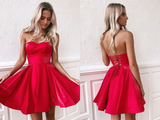 Promfast Simple Red Satin Sweetheart Strapless Homecoming Dresses Above Knee Short Prom Dresses PFH0360
