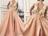 Promfast A line Pink V Neck Prom Dresses with Slit Lace Appliques Prom Gowns PFP2091