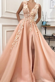 Promfast A line Pink V Neck Prom Dresses with Slit Lace Appliques Prom Gowns PFP2091