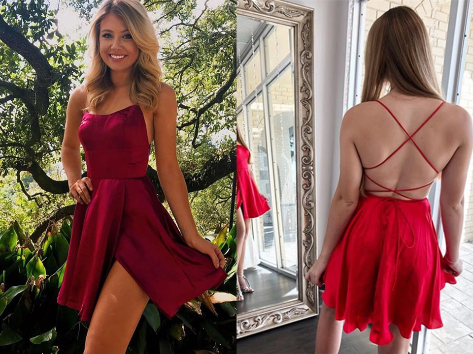 Promfast Cute Red Satin A line Cross Back Spaghetti Straps Homecoming