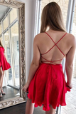 Promfast Cute Red Satin A line Cross Back Spaghetti Straps Homecoming Dresses PFH0362
