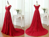 Promfast A Line Red V Neck Long Lace Prom Dresses with Cap Sleeves PFP2092
