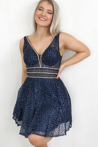 Promfast Sparkling A Line V Neck Sequins Navy Blue Homecoming Dress With Beads PFH0368