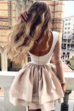 Promfast A Line High Neck Long Sleeve Pleats Open Back Satin Short Homecoming Dresses With Lace PFH0369