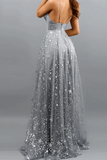 Promfast A Line Glittering Sexy Engagement Prom Dress V Neck Sleeveless Sequin Split Evening Dress PFP2093