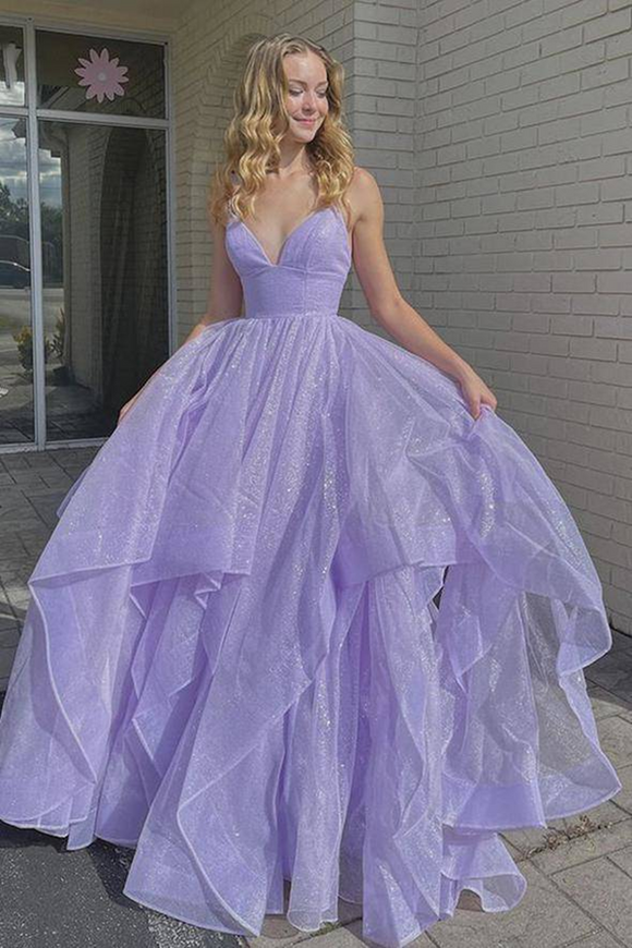 Promfast Shiny V Neck Fluffy Lavender Long Prom Dress, Spaghetti Straps Long Formal Evening Dress PFP2095