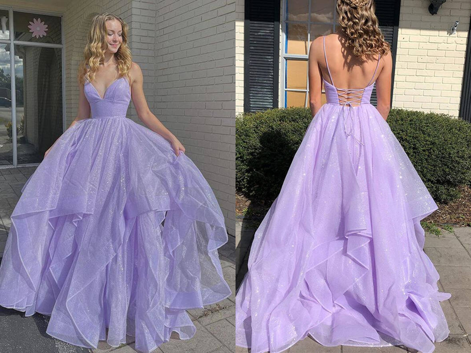 Promfast Shiny V Neck Fluffy Lavender Long Prom Dress, Spaghetti Strap