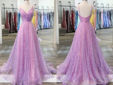 Promfast Shiny V Neck Backless Lilac Prom Dresses with Straps, Formal Dresses, Purple Evening Dresses PFP2096