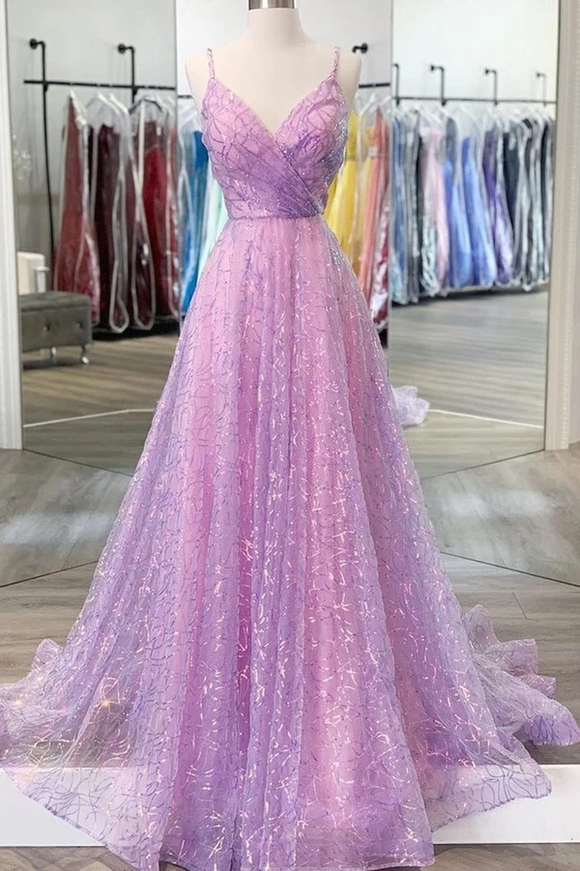 Promfast Shiny V Neck Backless Lilac Prom Dresses with Straps, Formal Dresses, Purple Evening Dresses PFP2096