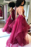 Promfast Shiny V Neck Backless Burgundy Prom Dress, Backless Maroon Formal Evening Dress PFP2098