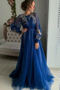 Promfast Charming A Line Long Sleeve Tulle Appliques Prom Dresses, Long Evening Dresses PFP2100