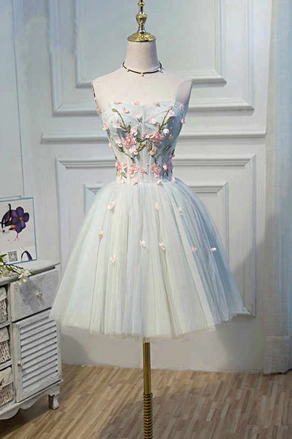 Promfast Cute Blue Strapless Tulle Homecoming Dresses with 3D Flowers Lace up Dance Dresses PFH0374