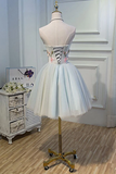 Promfast Cute Blue Strapless Tulle Homecoming Dresses with 3D Flowers Lace up Dance Dresses PFH0374