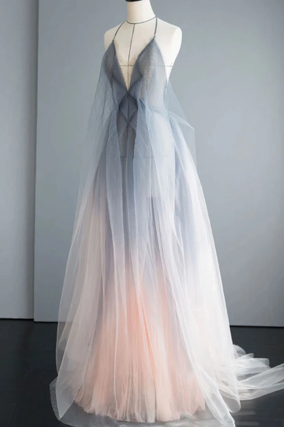 Promfast Simple Deep V Neck Ombre Tulle Halter Sleeveless Prom Dresses Promfast Simple Deep V Neck Ombre Tulle Halter Sleeveless Prom Dresses