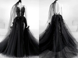 Promfast Elegant Backless Black Tulle Wedding Dresses With Appliques Modest Prom Dress PFW0596
