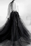 Promfast Elegant Backless Black Tulle Wedding Dresses With Appliques Modest Prom Dress PFW0596