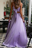 Promfast Fashion Satin Straps A Line Prom Dresses Two Pieces Gowns With Slit PFP2106