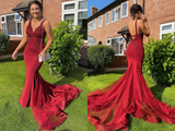 Promfast Sexy Red Mermaid Long Prom Formal Dresses with Appliques PFP2107