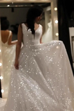 Promfast Sparkly V Neck Backless Wedding Gown, Sequins Prom Dress On Sale PFW0600