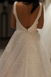 Promfast Sparkly V Neck Backless Wedding Gown, Sequins Prom Dress On Sale PFW0600