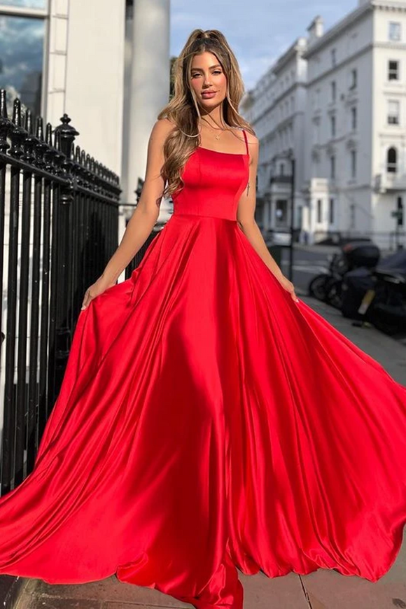 Promfast Spaghetti Straps Red A line Long Prom Dresses For Teens PFP2111