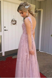Promfast A Line V Neck Open Back Pink Lace Long Prom Evening Dress PFP2113