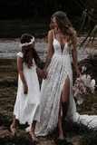Promfast Deep V Neck A Line Lace Wedding Dresses With Slit, Spaghetti Straps Long Bridal Gowns PFW0603