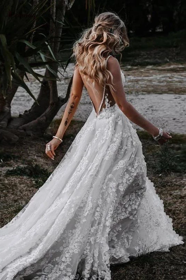 Deep V Neck Lace Prom Dresses With Slit LBQ1214