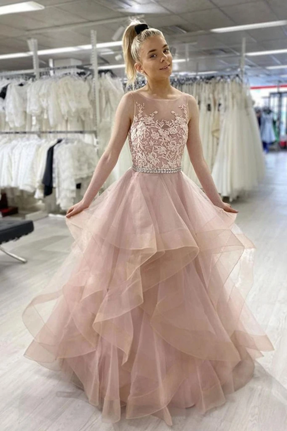 Promfast Pink Sleeveless A Line Tulle Lace Sweet 16 Dress Prom Dress PFP2116